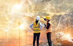 Telecom workers against a holographic background